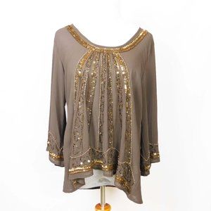 Ladies Brown and Gold Sheer Crepe Cocktail Blouse Size Large by Bar lll